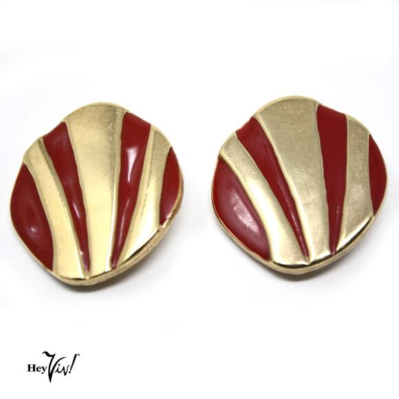 Vintage 80s Clip On Earrings in Bold Gold and Red Enamel 1.5" Across - Hey Viv - Picture 1 of 3